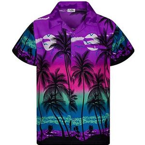 King Kameha Funky Hawaïhemd voor heren, korte mouwen, voorzak, Hawaii-print, strand, palmenprint, Jk_beach-purple, M