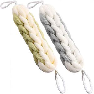 AARainbow 2 verpakkingen lange stretch rugspons met touwhandgrepen rugschrobber bad douche mesh spons exfoliërende body scrub stretch gevlochten loofah voor mannen en vrouwen (grijs+groen)