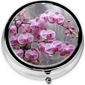 Pillendoosje met spiegel, retro pillendoosje met 3 vakken, orchideeënbloem, kleine pillenorganizer voor portemonnee of zak, decoratieve metalen medicijnen, vitamine-organizer, unieke geschenken