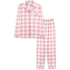 Dames Pyjama Lange Mouwen Set,Dames Pyjamaset Met Lange Mouwen Geruite Print Nachtkleding Roze Zacht Comfy Casual Revers Homewear Winter Loungewear Pj Set Kerstcadeau Voor Vrouwen,S