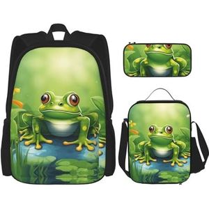 YANDM Leuke Varkens Patroon Rugzak 3 Stks Set Reizen Wandelen Lichtgewicht Laptop Etui Geïsoleerde Lunch Tas Voor Vrouwen, Cartoon Kikker, Eén maat