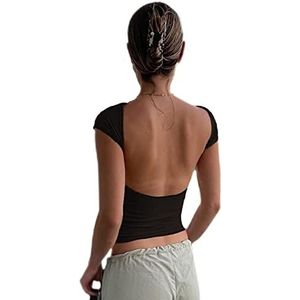 SMIMGO Sexy crop top met open rug voor dames, zomer korte mouwen, effen kleur T-shirt, bijgesneden top, Y2K esthetische streetwear (kleur: Zwart, maat: M)