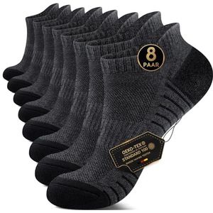 EKSHER Unisex gewatteerde sneakersokken, 8 paar, ademende korte sportsokken, badstofzool, katoenen loopsokken, 8 x donkergrijs, 39-42 EU
