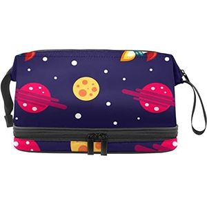 Grote capaciteit reizen cosmetische tas,Cartoon planeet en raket, make-up tas, waterdichte make-up tas organisator, Meerkleurig, 27x15x14 cm/10.6x5.9x5.5 in