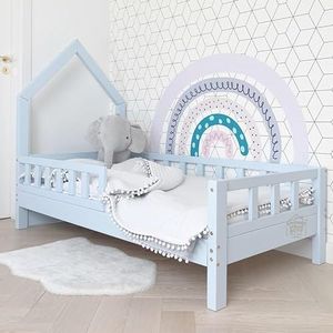 Lilo Nuo Kinderbed, 80 x 190 cm, met valbescherming, hemelsblauw, kinderbed, 80 x 190 cm, solide, kinderbed, huis, valbescherming bed van hout voor kinderkamer, kinderbed, meisjes en jongens