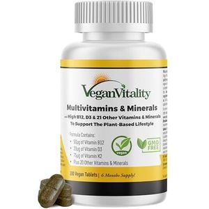 Veganistisch Multivitaminen & Mineralen met Hoge Sterkte | Vitamine B12, D3 & K2 | 180 Multivitaminen Supplement Tabletten | 6 Maanden Levering | Ontworpen voor Vegetariërs | Organisch Biologisch