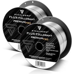 STAHLWERK Set van 2 FLUX gevulde draad – E71T-GS 0,9 mm, 1 kg draadrol D100, draadspoel voor 16 mm doorn, premium lasdraad, toevoegmateriaal, universele lasdraad, gevulde draadelektrode, MIG MAG