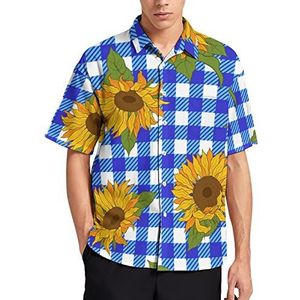 Heldere Zonnebloemen op Blauw Geruite Hawaiiaanse Shirt Voor Mannen Zomer Strand Casual Korte Mouw Button Down Shirts met Zak