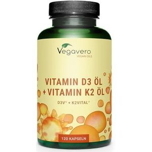 Vegavero VITAMINE D3 K2 capsules | Veganistisch en natuurlijk | D3+K2-olie met 1000 IE D3 en 100 µg K2 MK7 per capsule | 120 capsules