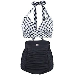 Viloree Retro Rockabilly dames push-up hoge taille bikini set badpak shapping effect, Check Zwart & Wit, L