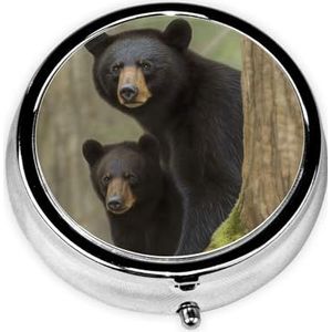 Pillendoosje met spiegel, retro pillendoosje met 3 vakken, zwarte beer, moeder en welp, kleine pillenorganizer voor portemonnee of zak, decoratieve metalen medicijnen, vitamine-organizer, unieke