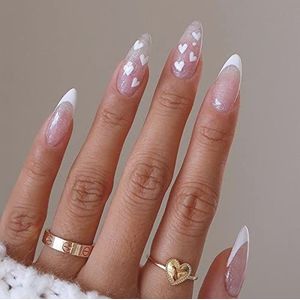 False Nails French Heart Press on Nails Valentine's Day Pink Short Fake Nails Ballerina Acrylic Stick on Nails 24pcs for Women and Girls