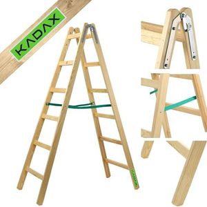 KADAX Houten ladder, bokladder tot 150 kg, opvouwbare schilderladder, dubbele trap ladder met stalen haken, elektricienieladder, staande ladder, huishoudladder (6 treden)