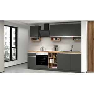 Dmora Compleet Rudolf praktisch en ruimtebesparend, keukenwand met 7 deuren en 1 lade, 100% Made in Italy, 255 x 60 x 85 cm, antraciet en eiken