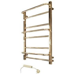 Elna Compacte handdoekradiator, goud, elektrisch, 133 W, 805 x 530 mm, roestvrij staal, badkamerradiator voor kleine badkamers, IP44, met thermostaat en timer, wandmontage