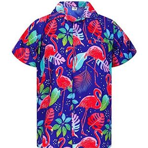 King Kameha Heren strandshirt korte mouwen Casual-Button-Down Hawaii-vakantie, Funky-flamingos-design-blauw, L