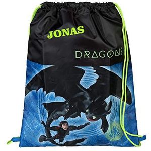 Gymtas met naam | Motief Dragons Dragon Draak in blauw & zwart | gepersonaliseerd & bedrukt | Schoentas sporttas jongens kinderen