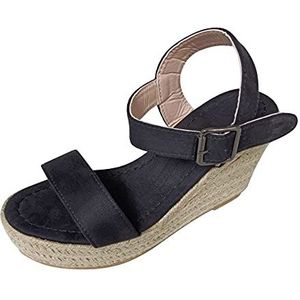 ACKNVHRO Damesplatform wiggen open teen hoge hak sandalen zomer causale enkelbandje strandbodem schoenen hoge hak sandalen (Color : Black, Size : 9.5-10)