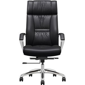 SAFWELAU Armstoel Executive Bureaustoel echt lederen computerstoel, hoge rug ergonomische stoelen met rugleuning kantelen en gladde rollende wielen (kleur: zwart)