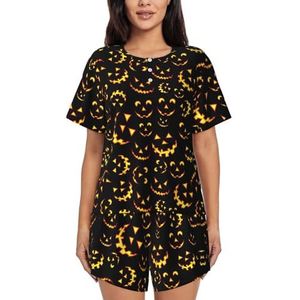 YQxwJL Happy Halloween1 Print Vrouwen Pyjama Sets Shorts Korte Mouw Lounge Sets Nachtkleding Casual Pjs Met Zakken, Zwart, M
