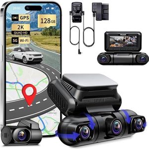 Rhorawill 4-Kanaals Dashcam Auto 5G WiFi,360°Draaibare Voorkant Achterkant Binnenkant Links Rechts Dashcam,Radar Bewegingsdetectie,GPS,Nachtzicht,Parkeercontrole,1080P 3“ met 128GB kaart,Hardwire Kit