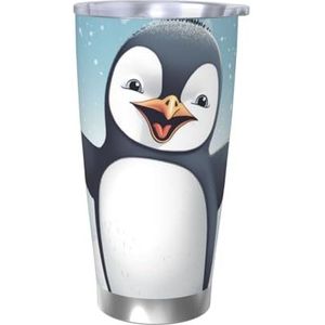 QMNEHJ 20oz roestvrijstalen beker met deksel en rietje, dubbelwandige vacuüm geïsoleerde koffie thermische beker Happy Penguin Travel koffiemok herbruikbare waterfles voor warme en koude drank