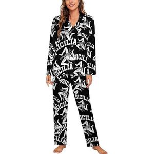 Siciliaanse Trinacria Sicilia Pride damespyjama-set tweedelige nachtkleding met lange mouwen en broek loungewear