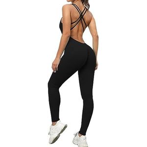 KOEMCY Jumpsuit voor dames, zomer, rugvrij, bodycon, eendelig, bodycon, romper, romper, speelpak, mouwloos, spaghettibandjes, eendelig, sportoverall, zwart, S