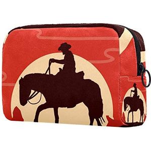 Meisje Cosmetische Tassen Vrouwen Make-up Tas Toilettas Organizer Pouch met Rits 7.3x3x5.1 Inch Wild West Silhouet Cowboy Rijden