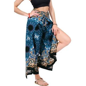 YOUR COZY Palazzo damesbroek met wijde pijpen voor yoga, woonkamer, hippie, harembroek, vloeiende broek, verstelbare taille van 68,5 tot 89,9 cm., Navy Feather, M