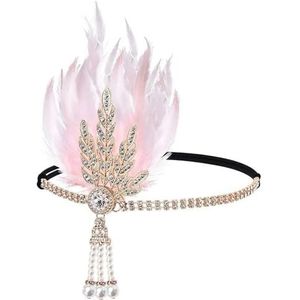 MKEMQXBEP Haarband met veren en strass voor dames, vintage stijl, accessoire voor bruid of feest (goud+roze veren 1 stuk)