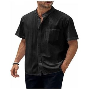 Linnen Overhemd Henley-casual Overhemd Met Korte Mouwen For Heren Casual Lichtgewicht Overhemden Lichtgewicht Zomershirt For Op Het Strand(Color:Noir,Size:M)