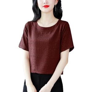Dames zomer ronde hals effen trui korte mouw T-shirt dame casual elegante kantoor blouses tops, Rood, XL
