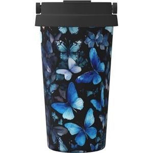 YJxoZH Blauwe vlinders witte bloemenprint herbruikbare koffiekop - vacuüm geïsoleerde koffie reismok voor warme en koude dranken