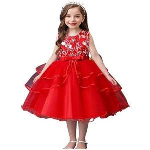 Bruiloft bloemenmeisje outfits prinses jurk mouwloze bloem borduurwerk tutu jurk performance jurk bruiloft bloem meisjes voor avond verjaardag bruiloft bloemenmeisje kerstfeest outfit (rood, 7-8 jaar)