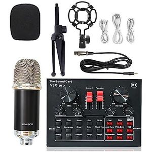 Geluidskaartkit, Draadloze Karaoke Microfoon Statief WXH1000 & BM900 USB Geluidskaart V8XPRO Professionele Studio Condensator Microfoon for PC Telefoon MIC(Silver BM900 V8XPRO)