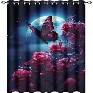 AEMYSKA Nachtrozen verduisterende gordijnen voor woonkamer moderne bloem mooie vlinder maan raambehandeling thermisch geïsoleerde gordijnen voor slaapkamer 140 x 160 cm print doorvoertule gordijn