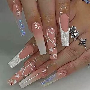 Coffin False Nails French Butterfly Press on Nails Pink Long Stick on Nails Ballerina Acrylic Fake Nails 24pcs for Women and Girls(Pink,24 Count (Pack of 1))