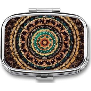 Mandala pillenorganisator, vierkant medicijndoosje met spiegel, dagelijkse pillendozen voor portemonnee, mini-medicijnopslag, containerdoos, compacte pillenhouder voor vitamines