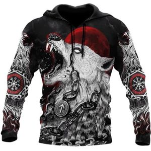 JHBTFQ Fenrir Wolf Hoodie 3D Print Viking Mythen Helm van Ontzag Noorse Runen Rood Maan Pullover Cosplay Kostuums Pap Cadeau,Hoodie,3XL