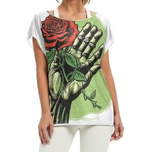 Groen Rood Roze Aquarel Kunstwerk Vrouwen Korte Batwing Mouw Shirt Ronde Hals T-shirts Losse Tops voor Meisjes, Patroon, L