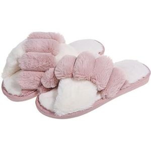 BOSREROY Warme donzige pantoffels met open teen voor vrouwen: antislip pluche kruisband, dik zacht modieus binnenschoeisel, Roze 25, One Size