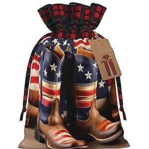 Amerikaanse vlag met cowboylaarzen herbruikbare geschenktas-trekkoord kerstgeschenktas, perfect voor feestelijke seizoenen, kunst en ambachtelijke tas
