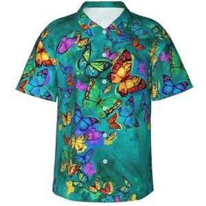 Sanfutian Regenboog vlinder heren 3D print casual button down shirts, nieuwigheid Hawaiiaanse korte mouwen, Zwart, L