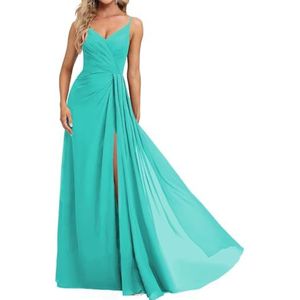 Prinses Bruidsmeisjes Jurken Spaghetti Bandjes Galajurken Chiffon Formele Avondfeest Maxi Jurk met Split ZM210, Turkoois, 52 grote maten