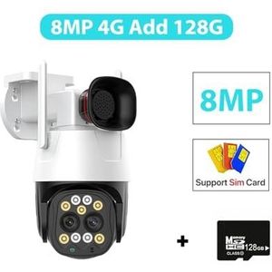 Bewakingscamera, 4K 8MP 4G Sim-kaart Camera Buiten 2.8mm-8mm Dual Lens 10X Zoom IP Camera AI Tracking Audio Beveiliging CCTV Camera H.265(8MP 4G Add 128G)