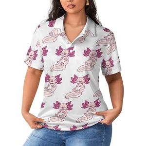 Grappig Axolotl sportshirt voor dames, korte mouwen, T-shirt, golfshirts, tops met knopen, trainingsblouses