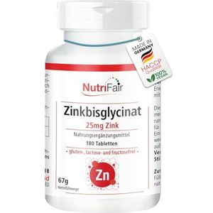 Zinkbisglycinaat - met 25 mg zink per tablet - 180 tabletten - hoge dosering - 100% veganistisch - Duitse productie & laboratoriumtests - NutriFair | Premium & Fair