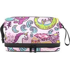 Grote capaciteit reizen cosmetische tas,Make-up tas,Waterdichte make-up tas Organizer, Dragon Unicorn Cat Dinasour, Meerkleurig, 27x15x14 cm/10.6x5.9x5.5 in