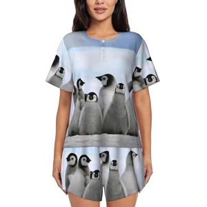 RIVETECH Jonge Pinguïns Met Sneeuw Print Vrouwen Korte Mouwen Pyjama Set Pyjama Lounge Set Met Zakken,, Zwart, M